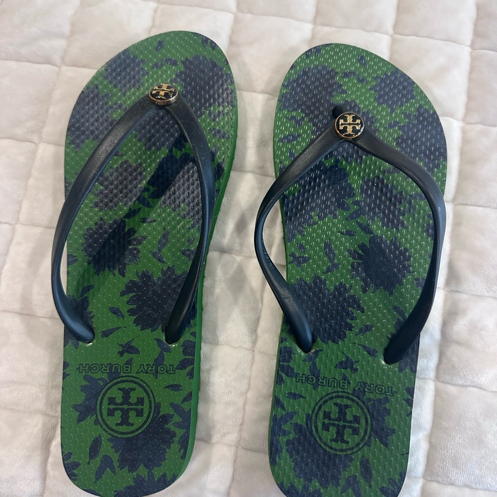 Tory Burch Green and Navy Floral Flip Flops